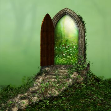 An open doorway that leads into a magical forest.